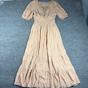J GEE Dress Womens L Peach Smocked Waist Tiered Maxi Boho Crochet V-Neck